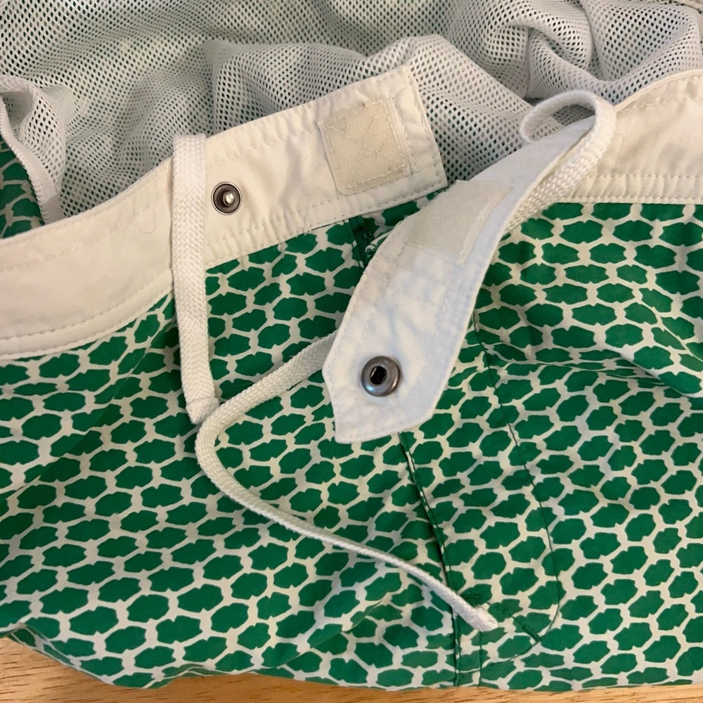 J.Crew Men's Swim Trunks in a green and white geometric print. - Picture 10 of 13